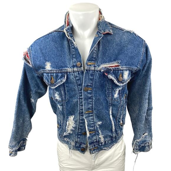 Levi's Men's Blue Distressed Long Sleeve Graphic Denim Jeans Coat Jacket Size XS - Picture 1 of 6